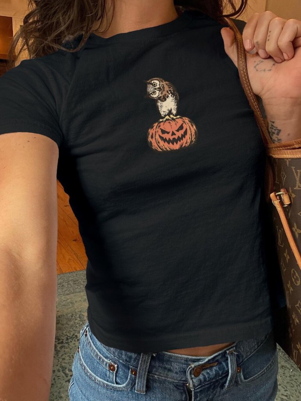 🦉🎃 Vintage Owl & Pumpkin Baby Tee | 90s Y2K Halloween Crop Top | Spooky Tee